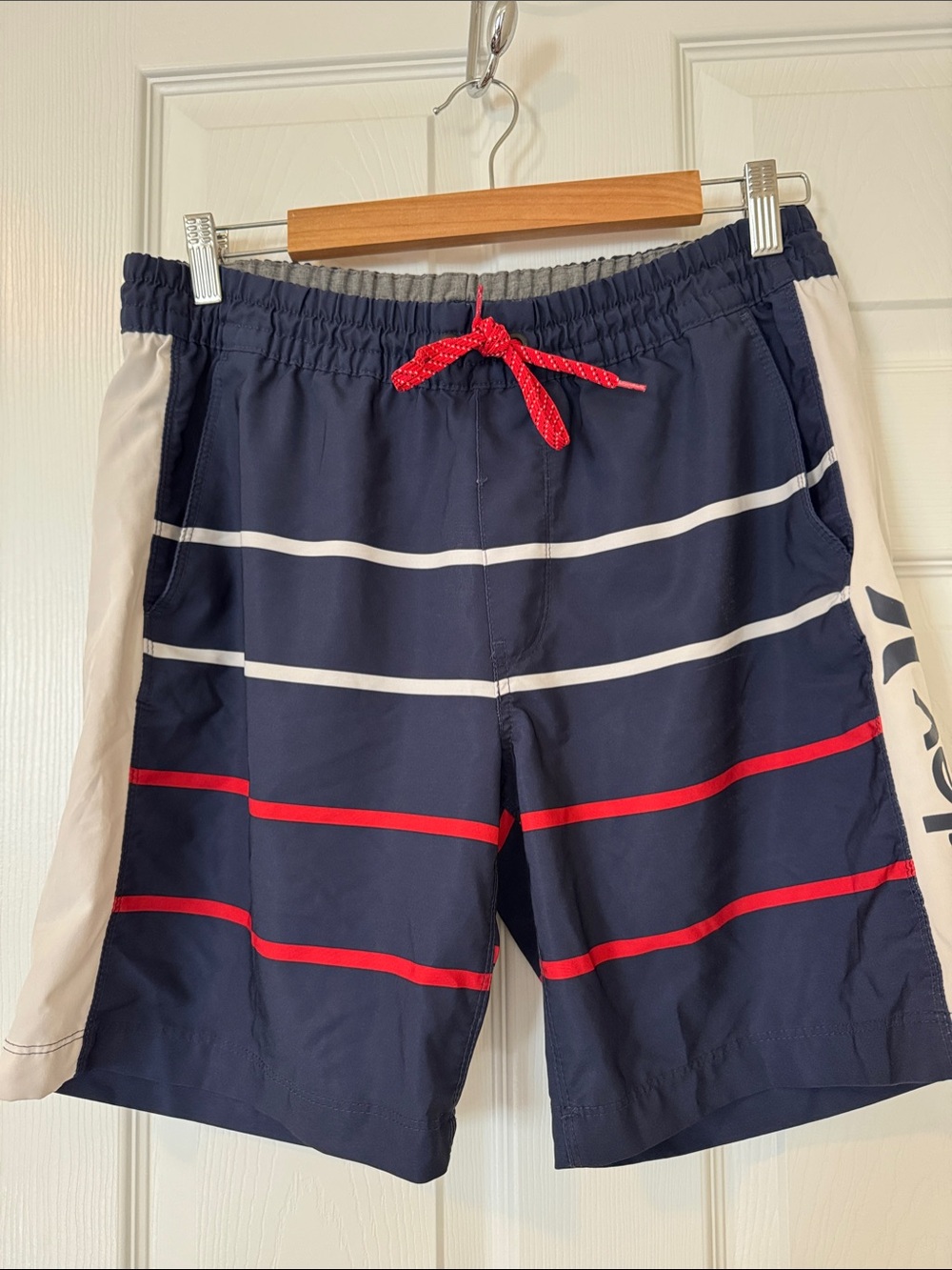 Hurley Men’s Navy Stripe Swim Trunks with Red Accent